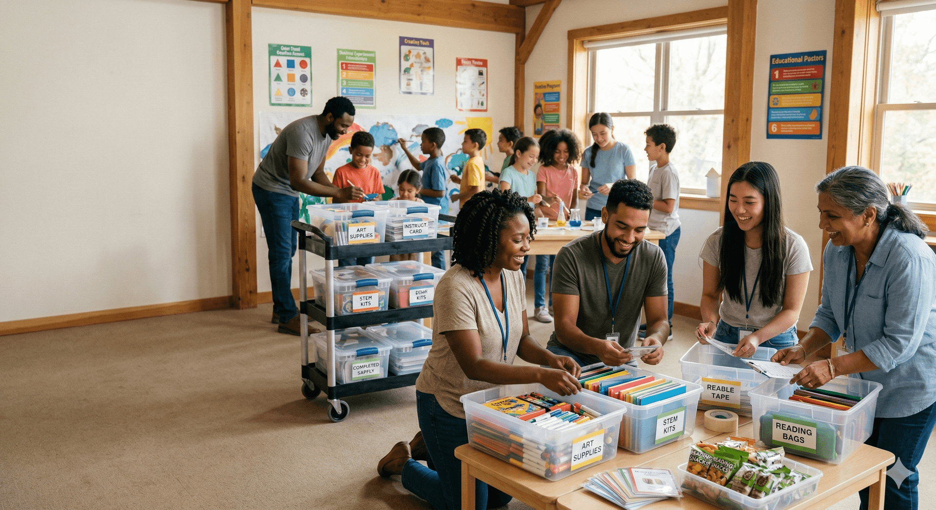 Workshop facilitators preparing community materials