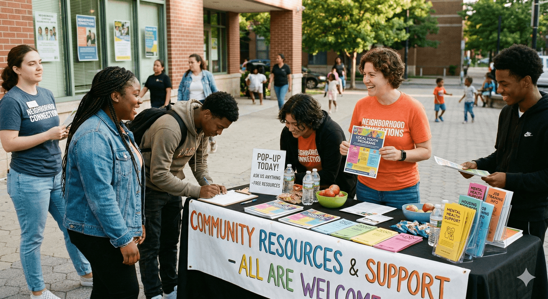 Community outreach table with resources and support